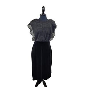 Connected Apparel Black Velvet Midi Dress Blouson Metallic Top Evening